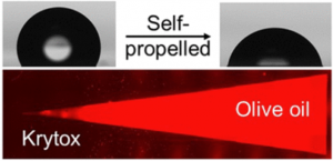 A surface can be patterned using two different oils, such that a droplet of water will self-propel along the surface.